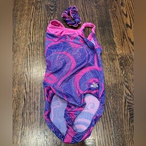 Child Medium Snowflake Designs Pink and Purple Swirl Leotard with Scrunchie